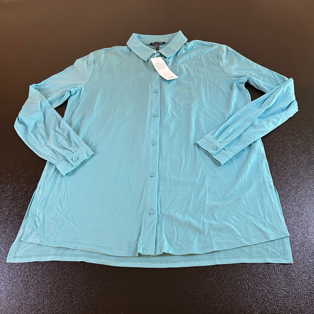 Eileen Fisher Classic Collar Shirt Fine Jersey Button Up Blue Womens XXS NWT
